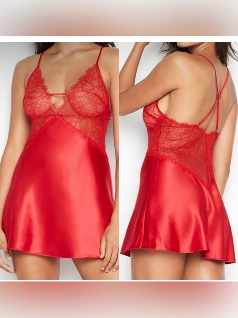 Victoria's Secret Negligee Satin Chemise
Nightgown Red Lace Trim Bodice